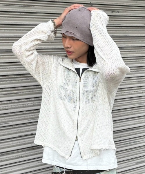 Chikashitsu +（チカシツプラス）の「【Chikashitsu +】clay net zip-up jacket / 【チカシツプラス】クレイネットシアージップアップジャケット（カーディガン/ボレロ・メンズ・ブラック/グレー/アイボリー・ONE SIZE）」の6枚目の写真