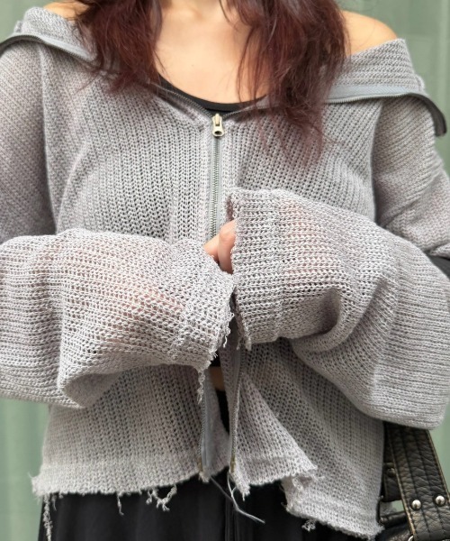Chikashitsu +（チカシツプラス）の「【Chikashitsu +】clay net zip-up jacket / 【チカシツプラス】クレイネットシアージップアップジャケット（カーディガン/ボレロ・メンズ・ブラック/グレー/アイボリー・ONE SIZE）」の9枚目の写真