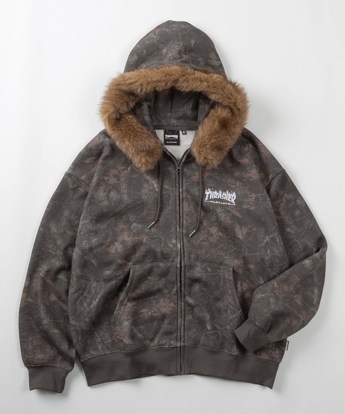 THRASHER(スラッシャー)の「【70】【THRASHER/スラッシャー】フェイクファーフード ジップパーカー/フーディー/オーバーサイズ/ライトアウター/スケーター/Y2K/Opium系/リアルツリー/カモフラ/ロゴ刺繍/裏起毛/ユニセックス/レディース/メンズ(パーカー・メンズ・グレー/ブラック/グレー系カモフラージュ/グリーン系カモフラージュ・L/XL/M)」の4枚目の写真
