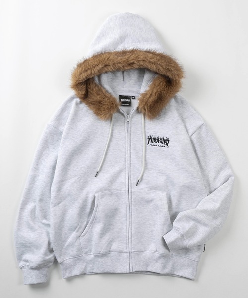 THRASHER(スラッシャー)の「【70】【THRASHER/スラッシャー】フェイクファーフード ジップパーカー/フーディー/オーバーサイズ/ライトアウター/スケーター/Y2K/Opium系/リアルツリー/カモフラ/ロゴ刺繍/裏起毛/ユニセックス/レディース/メンズ(パーカー・メンズ・グレー/ブラック/グレー系カモフラージュ/グリーン系カモフラージュ・L/XL/M)」の3枚目の写真
