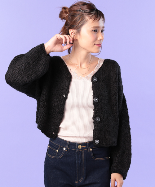Omekashi（オメカシ）の「スラブヤーンハンドニットカーデ（ニット/セーター・レディース・オフホワイト/ベージュ/パープル/オレンジ/ブラック/ピンク・FREE/ﾌﾘ-）」の3枚目の写真