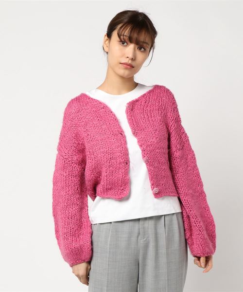 Omekashi（オメカシ）の「スラブヤーンハンドニットカーデ（ニット/セーター・レディース・オフホワイト/ベージュ/パープル/オレンジ/ブラック/ピンク・FREE/ﾌﾘ-）」の6枚目の写真