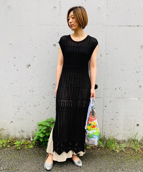 JETSET SOLO PLUS （ジェットセットソロプラス）の「透かし柄ニットワンピース（ワンピース・レディース・マスタード/ブラック/ベージュ・FREE）」の2枚目の写真