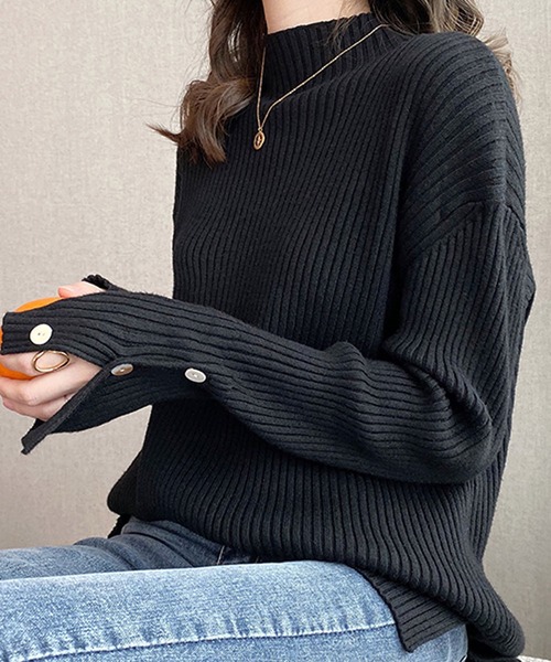 Girly Doll（ガーリードール）の「袖ボタンリブニット（ニット/セーター・レディース・ブラック/ベージュ/グリーン/ブラウン/ピンク・FREE）」の11枚目の写真