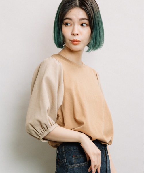 refinedworks(リファインドワークス)の「袖異素材5分袖PO(Tシャツ/カットソー・レディース・ブラック/オフホワイト/キャメル・FREE)」の3枚目の写真