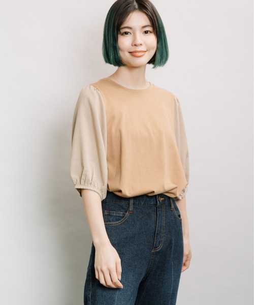 refinedworks(リファインドワークス)の「袖異素材5分袖PO(Tシャツ/カットソー・レディース・ブラック/オフホワイト/キャメル・FREE)」の4枚目の写真