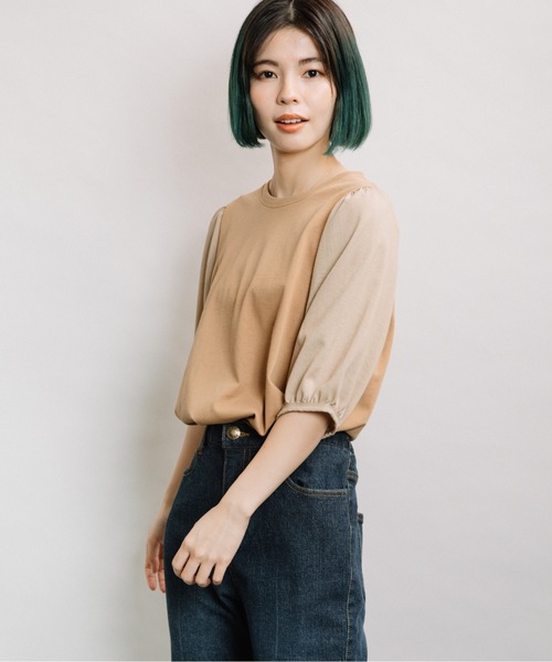 refinedworks(リファインドワークス)の「袖異素材5分袖PO(Tシャツ/カットソー・レディース・ブラック/オフホワイト/キャメル・FREE)」の5枚目の写真