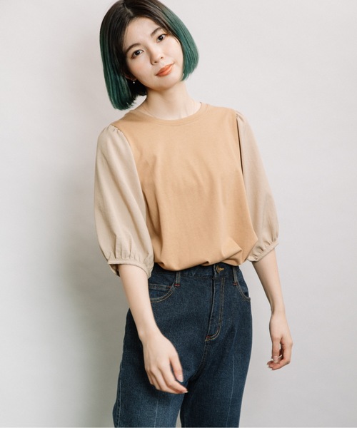 refinedworks(リファインドワークス)の「袖異素材5分袖PO(Tシャツ/カットソー・レディース・ブラック/オフホワイト/キャメル・FREE)」の6枚目の写真