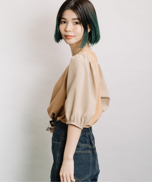 refinedworks(リファインドワークス)の「袖異素材5分袖PO(Tシャツ/カットソー・レディース・ブラック/オフホワイト/キャメル・FREE)」の8枚目の写真