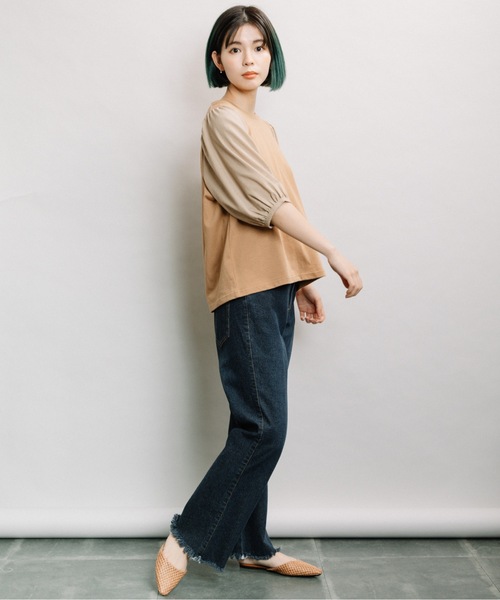 refinedworks(リファインドワークス)の「袖異素材5分袖PO(Tシャツ/カットソー・レディース・ブラック/オフホワイト/キャメル・FREE)」の9枚目の写真
