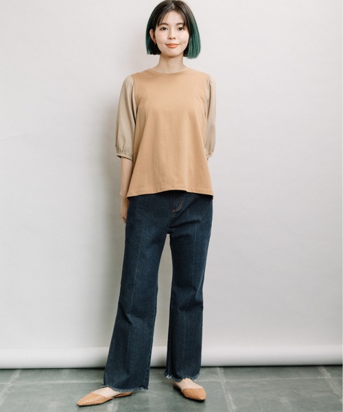 refinedworks(リファインドワークス)の「袖異素材5分袖PO(Tシャツ/カットソー・レディース・ブラック/オフホワイト/キャメル・FREE)」の10枚目の写真