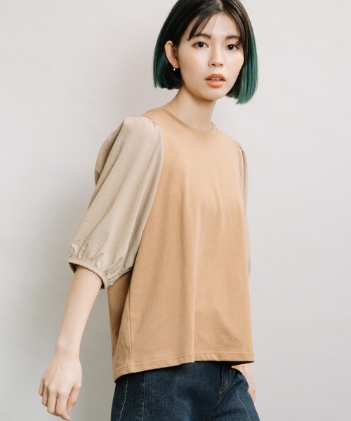 refinedworks(リファインドワークス)の「袖異素材5分袖PO(Tシャツ/カットソー・レディース・ブラック/オフホワイト/キャメル・FREE)」の11枚目の写真