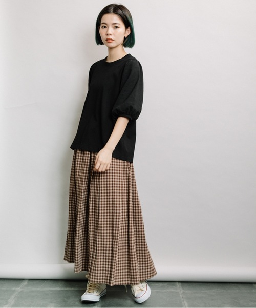 refinedworks(リファインドワークス)の「袖異素材5分袖PO(Tシャツ/カットソー・レディース・ブラック/オフホワイト/キャメル・FREE)」の13枚目の写真