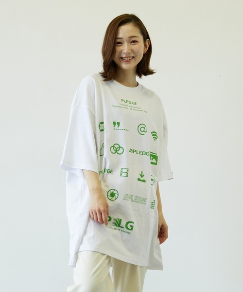 Pledge(プレッジ)の「【pledge】空紡糸天竺プリントC/Ntee(BL)(Tシャツ/カットソー・メンズ・ホワイト/ブラック・MEDIUM/LARGE)」の1枚目の写真