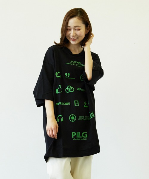 Pledge(プレッジ)の「【pledge】空紡糸天竺プリントC/Ntee(BL)(Tシャツ/カットソー・メンズ・ホワイト/ブラック・MEDIUM/LARGE)」の2枚目の写真
