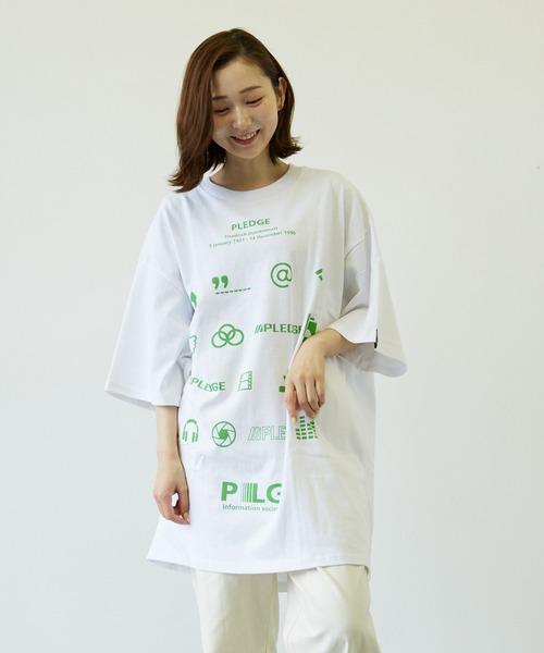 Pledge(プレッジ)の「【pledge】空紡糸天竺プリントC/Ntee(BL)(Tシャツ/カットソー・メンズ・ホワイト/ブラック・MEDIUM/LARGE)」の3枚目の写真