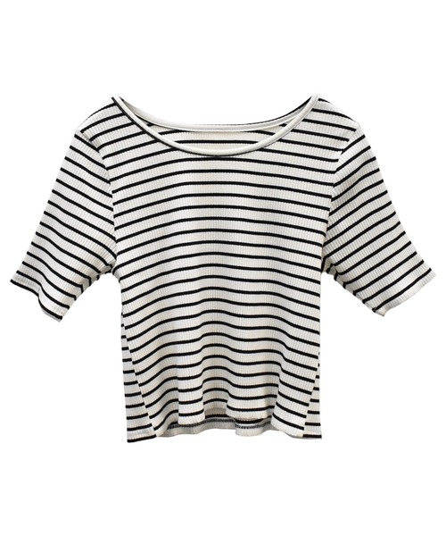 solleim(ソルレム)の「カットアウトボーダークロップドTシャツ(Tシャツ/カットソー・レディース・オフホワイト/ピンク/グリーン・M)」の4枚目の写真