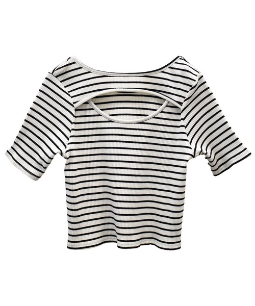 solleim(ソルレム)の「カットアウトボーダークロップドTシャツ(Tシャツ/カットソー・レディース・オフホワイト/ピンク/グリーン・M)」の5枚目の写真
