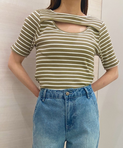 solleim(ソルレム)の「カットアウトボーダークロップドTシャツ(Tシャツ/カットソー・レディース・オフホワイト/ピンク/グリーン・M)」の12枚目の写真
