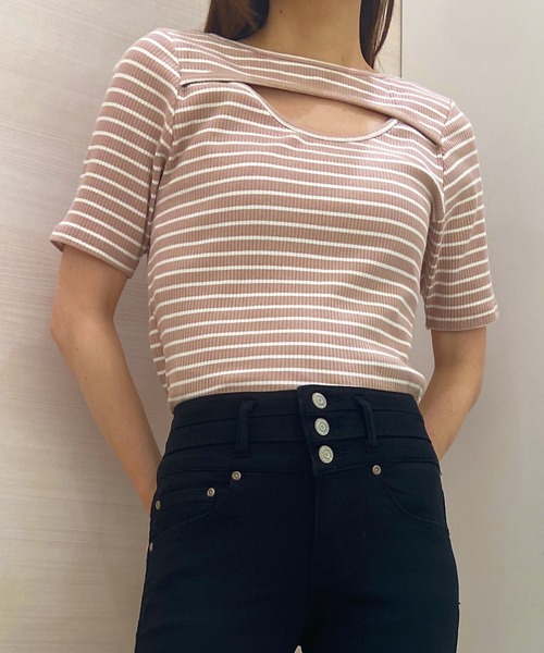 solleim(ソルレム)の「カットアウトボーダークロップドTシャツ(Tシャツ/カットソー・レディース・オフホワイト/ピンク/グリーン・M)」の14枚目の写真