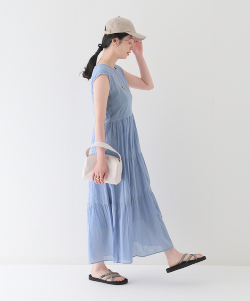 DVF★コットン&シルク混ボイル ミディワンピース ティアード OMNES（ファッション） ワンピース コットンボイルノースリーブ