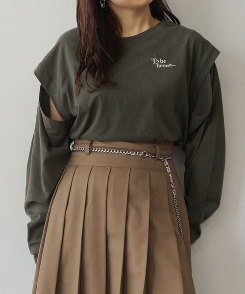 179/WG(イチナナキュウダブルジー)の「2WAYスリット ロングスリーブ /ノースリーブ Tシャツ(Tシャツ/カットソー・レディース・チャコールグレー/オフホワイト/ピンク/グリーン・FREE)」の2枚目の写真