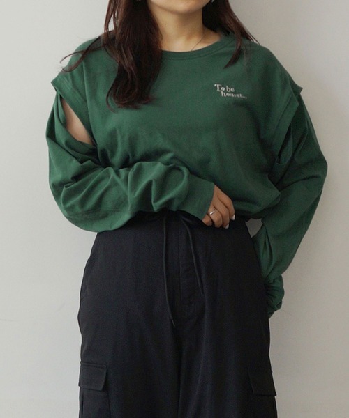 179/WG(イチナナキュウダブルジー)の「2WAYスリット ロングスリーブ /ノースリーブ Tシャツ(Tシャツ/カットソー・レディース・チャコールグレー/オフホワイト/ピンク/グリーン・FREE)」の3枚目の写真