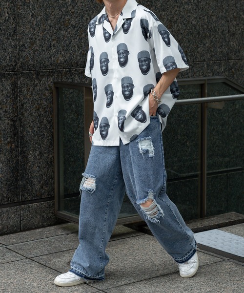 Perushu（ペルーシュ）の「総柄グラフィックオープンカラーシャツ（シャツ/ブラウス・メンズ・オフホワイト/ブラック×グリーン/ブルーグレー・MEDIUM/LARGE）」の6枚目の写真