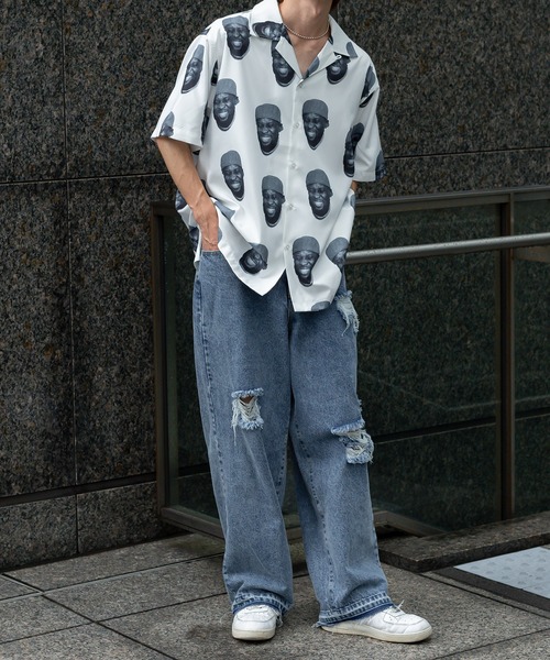 Perushu（ペルーシュ）の「総柄グラフィックオープンカラーシャツ（シャツ/ブラウス・メンズ・オフホワイト/ブラック×グリーン/ブルーグレー・MEDIUM/LARGE）」の4枚目の写真