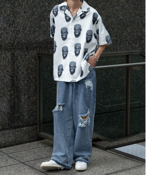 Perushu（ペルーシュ）の「総柄グラフィックオープンカラーシャツ（シャツ/ブラウス・メンズ・オフホワイト/ブラック×グリーン/ブルーグレー・MEDIUM/LARGE）」の5枚目の写真