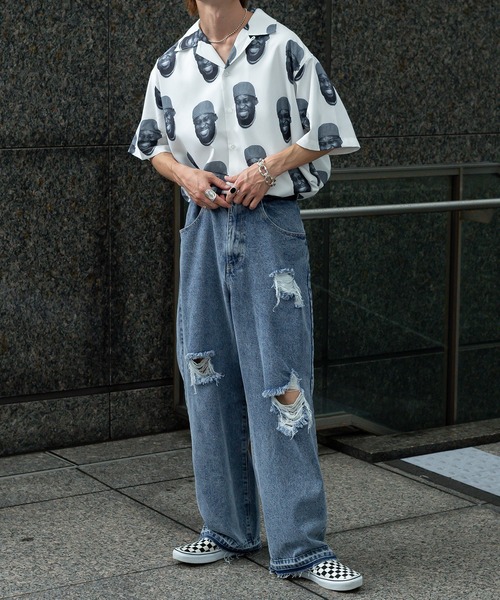 Perushu（ペルーシュ）の「総柄グラフィックオープンカラーシャツ（シャツ/ブラウス・メンズ・オフホワイト/ブラック×グリーン/ブルーグレー・MEDIUM/LARGE）」の8枚目の写真