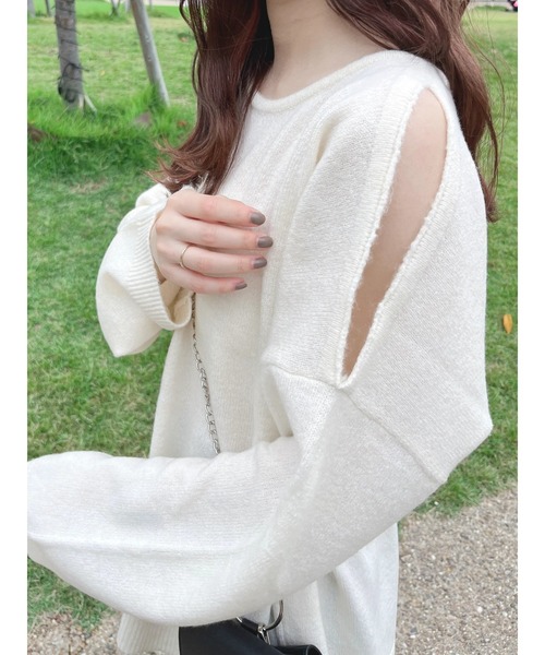 Green　Parks（グリーンパークス）の「肩開きニットプルオーバー（ニット/セーター・レディース・モカ/オフホワイト/ブルー・FREE）」の9枚目の写真