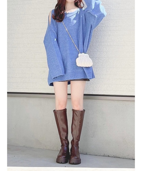 Green　Parks（グリーンパークス）の「肩開きニットプルオーバー（ニット/セーター・レディース・モカ/オフホワイト/ブルー・FREE）」の5枚目の写真