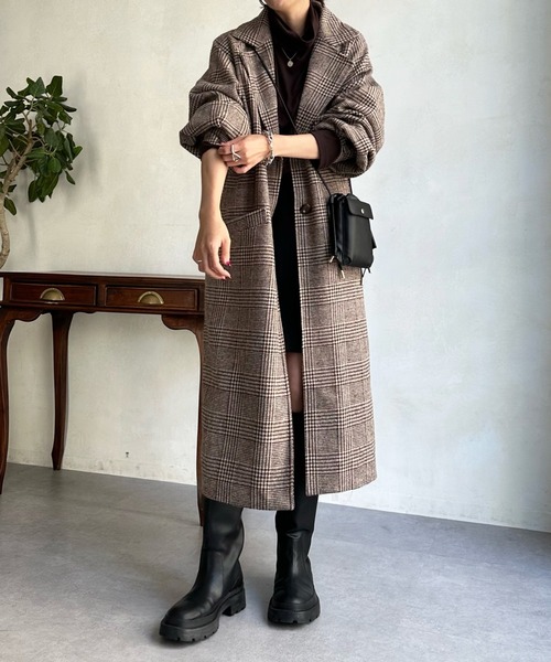 DouDou(ドゥドゥ)の「【WEB限定】チェック柄ボリューム袖ラグランコート(チェスターコート・レディース・ブラック/モカ・FREE)」の9枚目の写真
