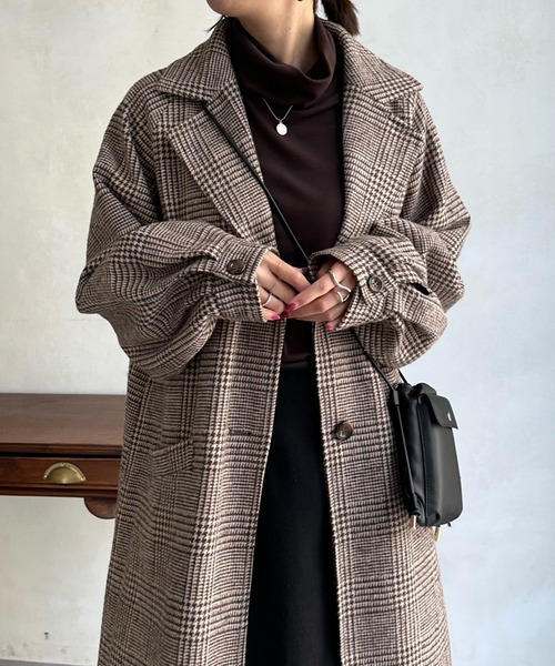 DouDou(ドゥドゥ)の「【WEB限定】チェック柄ボリューム袖ラグランコート(チェスターコート・レディース・ブラック/モカ・FREE)」の15枚目の写真