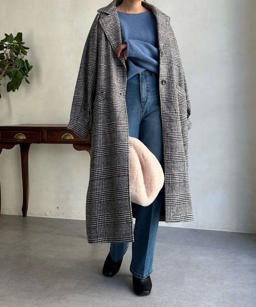 DouDou(ドゥドゥ)の「【WEB限定】チェック柄ボリューム袖ラグランコート(チェスターコート・レディース・ブラック/モカ・FREE)」の8枚目の写真