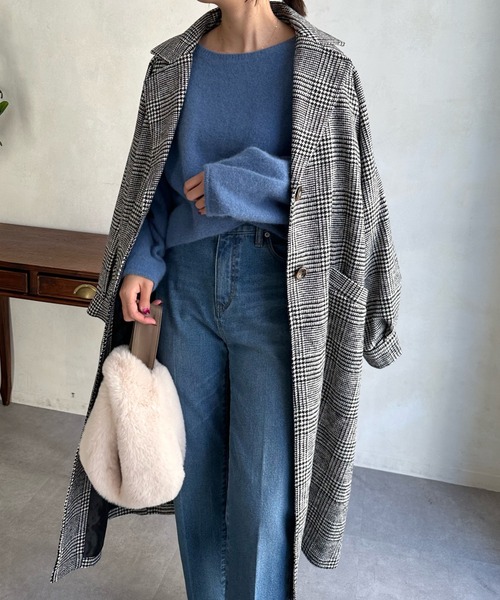 DouDou(ドゥドゥ)の「【WEB限定】チェック柄ボリューム袖ラグランコート(チェスターコート・レディース・ブラック/モカ・FREE)」の18枚目の写真