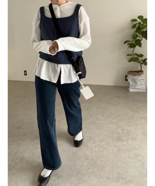 owndaily(オンデイリー)の「シアールーズワッフルシャツ(Tシャツ/カットソー・レディース・ホワイト/ネイビー・FREE)」の6枚目の写真