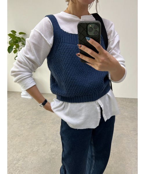 owndaily(オンデイリー)の「シアールーズワッフルシャツ(Tシャツ/カットソー・レディース・ホワイト/ネイビー・FREE)」の17枚目の写真