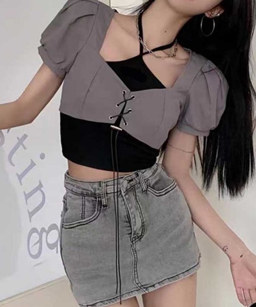 SPIGA（スピーガ）の「ホルターﾈｯｸキャミ付レースアップトップス（その他トップス・レディース・ブラック×グレー/ホワイト×グレー・FREE）」の3枚目の写真