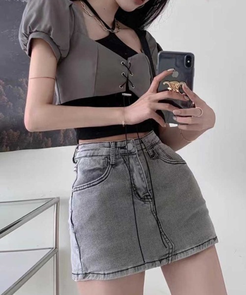 SPIGA（スピーガ）の「ホルターﾈｯｸキャミ付レースアップトップス（その他トップス・レディース・ブラック×グレー/ホワイト×グレー・FREE）」の5枚目の写真