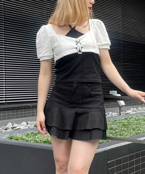 SPIGA（スピーガ）の「ホルターﾈｯｸキャミ付レースアップトップス（その他トップス・レディース・ブラック×グレー/ホワイト×グレー・FREE）」の7枚目の写真