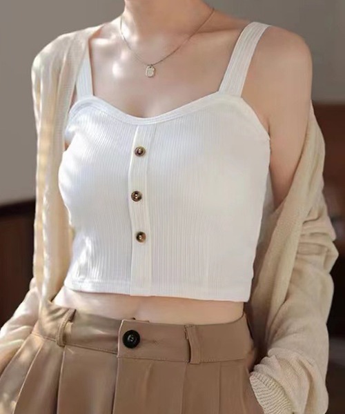 Lace Ladies(レースレディース)の「フロントボタン カップ付き テレコ ビスチェ トップス(キャミソール・レディース・チャコールグレー/ブラック/ミント/ホワイト・FREE)」の2枚目の写真