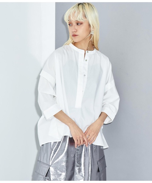 Settimissimo（セッティミッシモ）の「ノーカラー スクエア-ドロップ 比翼 ブラウス（シャツ/ブラウス・レディース・ホワイト×ブラック/オフホワイト・FREE）」の4枚目の写真