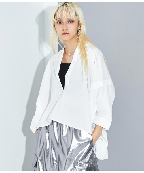 Settimissimo（セッティミッシモ）の「ノーカラー スクエア-ドロップ 比翼 ブラウス（シャツ/ブラウス・レディース・ホワイト×ブラック/オフホワイト・FREE）」の5枚目の写真