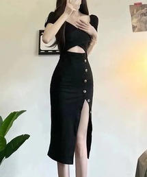 ボタンデザインスリット入りカットアウトミディワンピース