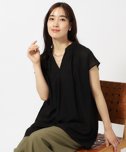 DRESKIP（ドレスキップ）の「◆【無理せずキレイ】レーヨン麻スキッパーブラウス（シャツ/ブラウス・レディース・ベージュ/グリーン系/イエロー系その他/ブラック/パープル・04/03/02）」の2枚目の写真