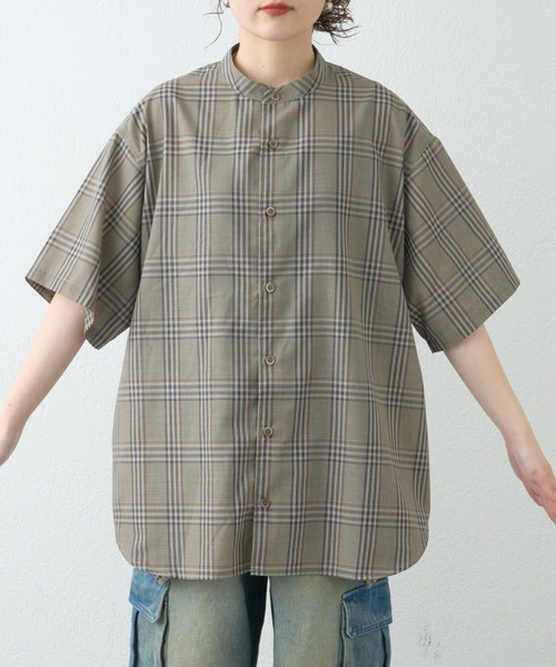 CIAOPANIC TYPY(チャオパニックティピー)の「速乾テックリネンチェックバンドカラーシャツ(セットアップ対応)(シャツ/ブラウス・メンズ・ベージュ/チャコールグレー・MEDIUM/LARGE)」の20枚目の写真