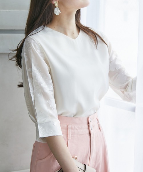 高身長 袖シアージャガードブラウス（セットアップ対応）（トールサイズ）fifiean（シャツ/ブラウス）｜slattgir（スラットジール）