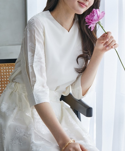 高身長 袖シアージャガードブラウス（セットアップ対応）（トールサイズ）fifiean（シャツ/ブラウス）｜slattgir（スラットジール）